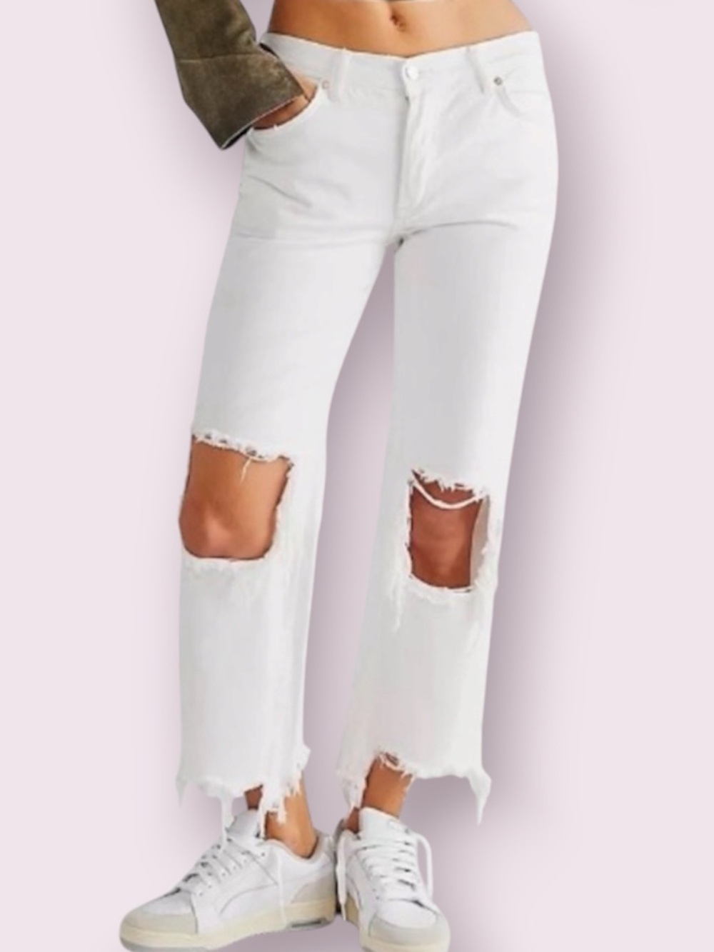 Free People Maggie Mid-Rise Button Fly White Distressed Jeans Size 27